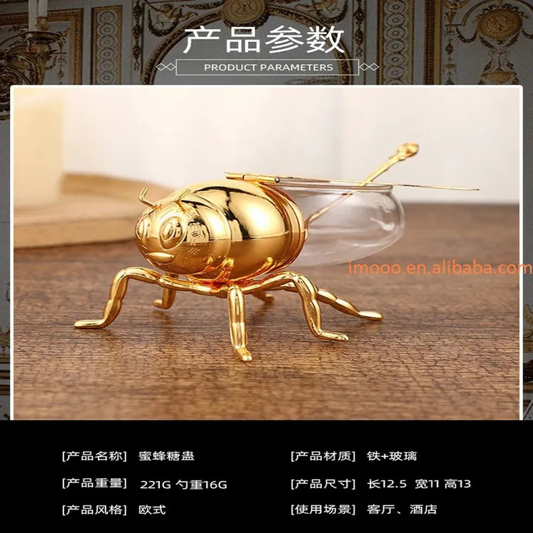 European Luxury Style Honey Pot, Golden Sugar Bowl With Spoon