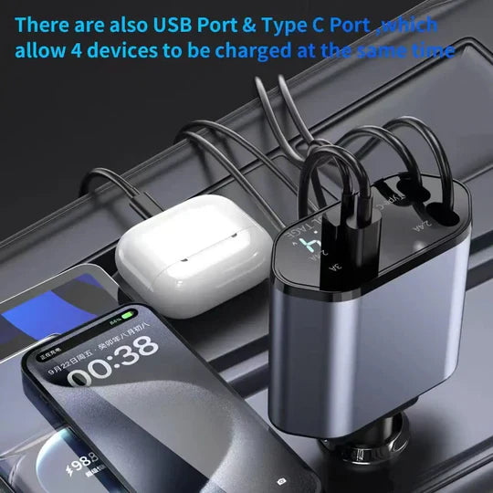 4 IN 1 Retractable Car Charger USB Type C And IOS Cable